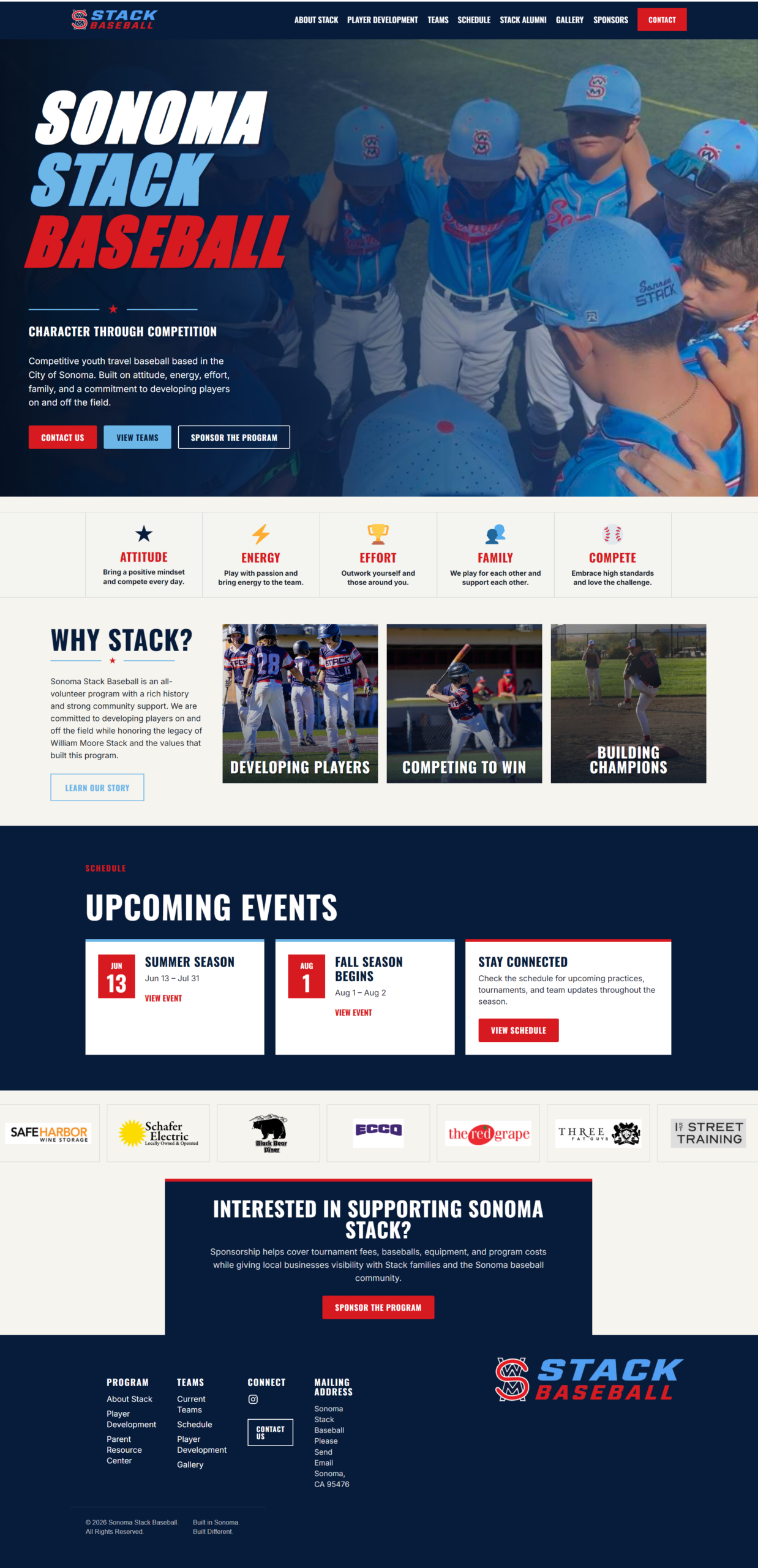 Sonoma Stack Baseball website homepage